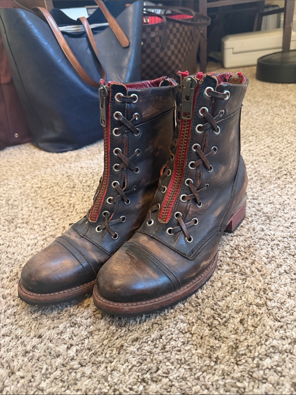 freebird Brown Leather Boots with Red Zip Trim Liverpool